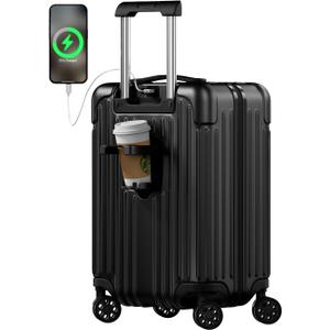 Krute Carry on Luggage 20 Inch USB Suitcases with Spinner Double Wheels Cup Holder PC+ABS Hardside Luggage with TSA Lock (Black)