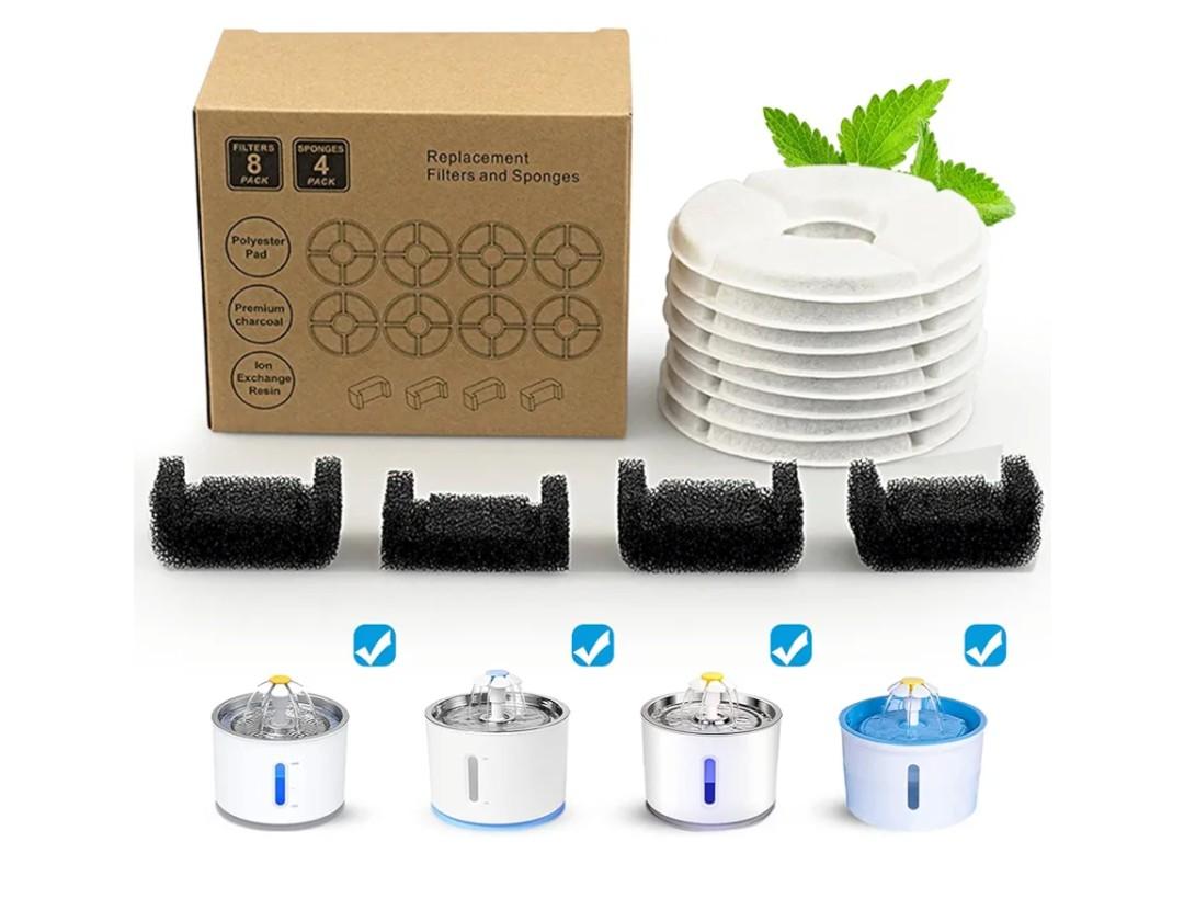 Cat Water Fountain Filter for Wonder-Creature 81 oz/2.4L Round Stainless Steel Top Cat Fountain, 8 Carbon Filters 4 Foam Filters Pack, Cat Fountain Replacement Filters
