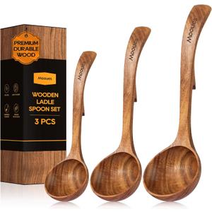 Wooden Ladle for Soup, 3 Size Teak Wood Ladle Spoon with Back Hooks, Heat Resistant Wooden Spoons for Cooking, Non-Stick, Comfortable Grip, Wood Kitchen Utensils Set for Serving, Stirring