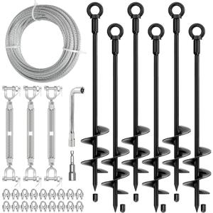 30" Ground Anchors Shed Anchors Kit with 3/16" 75FT Galvanized Cable & M6 304 Stainless Steel Turnbuckles, Heavy Duty Earth Anchors for Sheds Trees Trampoline Greenhouse Swing Set Tent, 6Pack Black (6pcs)