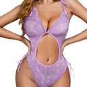 2 x Sexy Lingerie for Women Naughty Babydoll Bodysuit One Piece Teddy Lace Bow Strappy See Through G String Thongs (Blue, L)