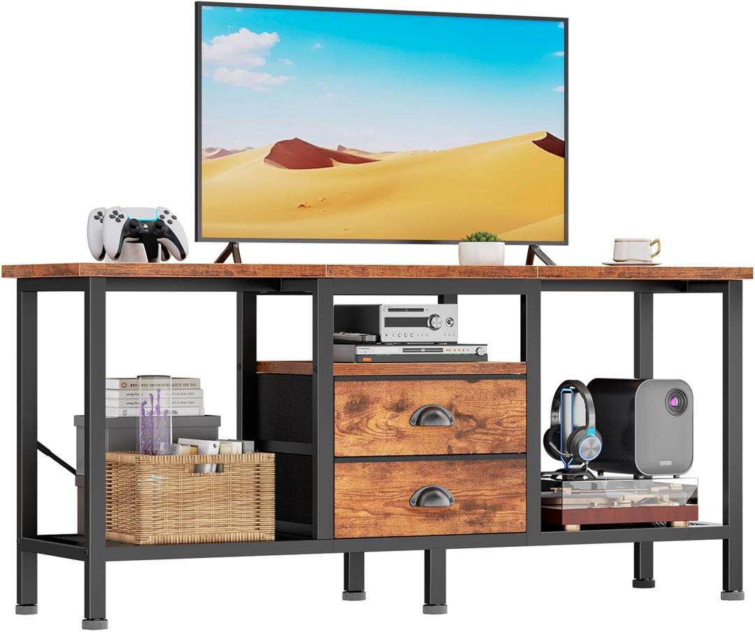 Furologee TV Stand with 2 Fabric Drawers, 43 Inch Entertainment Center with Open Storage Shelves, Media Console Table for Bedroom, Living Room, Rustic Brown