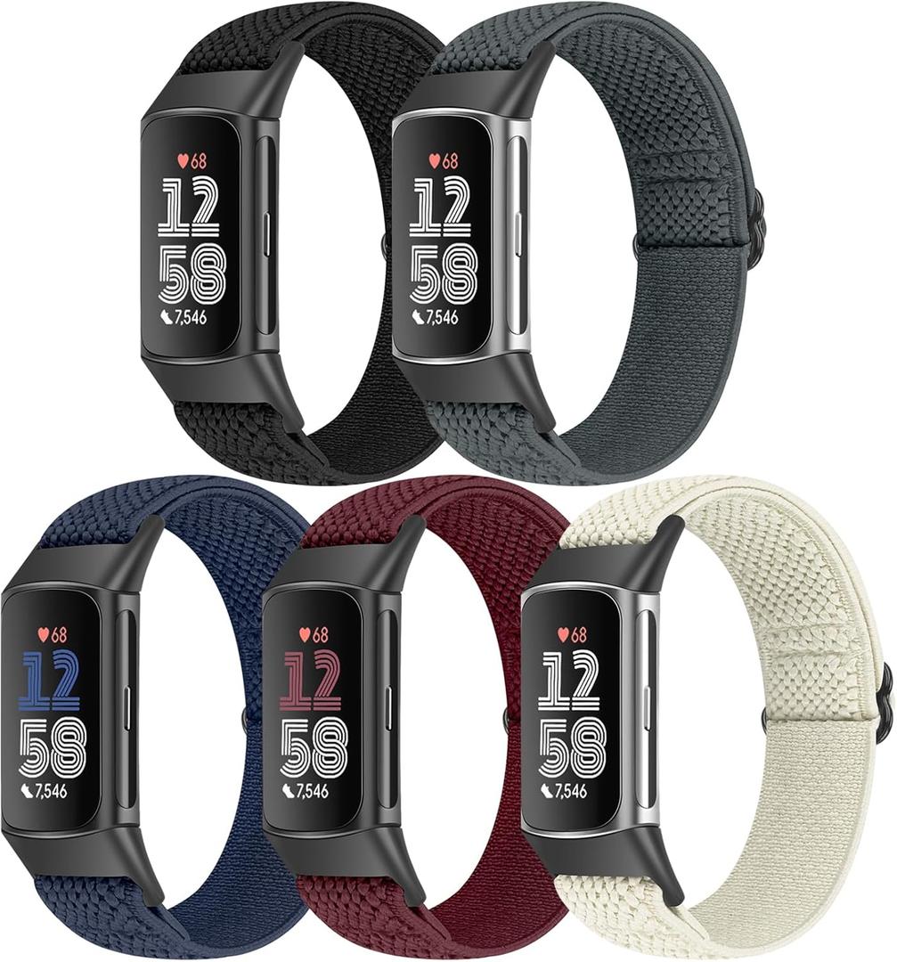 5 Pack Elastic Nylon Watch Bands Compatible for Fitbit Charge 6/Fitbit Charge 5, Adjustable Breathable Replacement Stretchy Nylon Loop Wristband Sport Strap for Women Men (Black+Grey+Indigo+Wine Red+Beige)