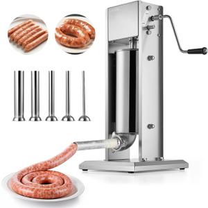VEVOR Manual Sausage Stuffer, 11 LBS / 5 L Vertical Meat Stuffer, Dual-Speed Sausage Casing Meat Filling Machine, Stainless Steel Heavy Duty Filler with 5 Stuffing Tubes, for Commercial & Home Use