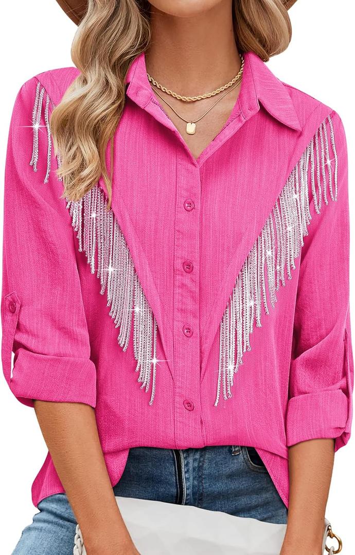 MYMORE Womens Sparkly Fringe Button Down Shirt Rolled 3/4 Sleeve Top Country Concert Nashville Western Cowgirl Outfit L