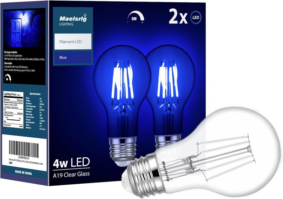 Blue Light Bulb, 4 Watts, A19 Colored LED Filament Bulbs, Clear Glass, 120 Volts, Dimmable, E26 Base, 2-Pack