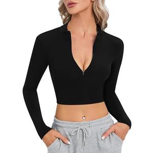 MakeMeChic Women's Fall Crop Top Long Sleeve Tops Mock Turtleneck Zip Up Trendy Fitted Shirts (Black)