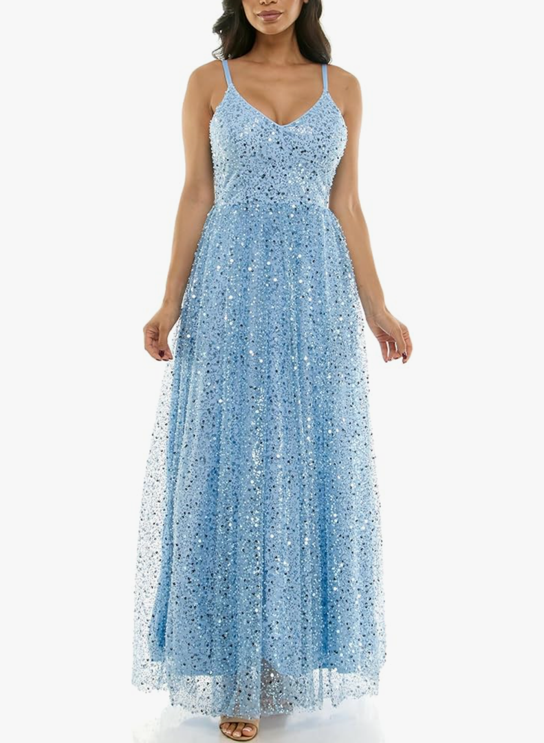 Women's Sleeveless Embellished V Neck Lace Back Tulle Gown Size 3/4