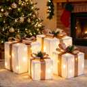 Set of 4 Christmas Lighted Gift Boxes, 70 Led Light Up White Iron Frame Present Box with Pine Cones Bows for Christmas Tree Party Yard Holiday Indoor Outdoor Decoration