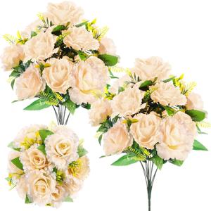 Riceshoot 2 Sets Artificial Cemetery Flowers for Grave Father's Day 24 Heads Peony Memorial Fake Flower 16.54'' Faux Silk Floral Arrangements for Dad Gravesite Outdoor Headstone Decor(Champagne)