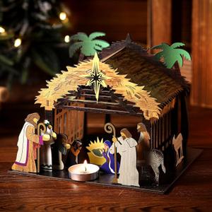 AceOrbit Wooden Nativity Scene Set Christmas Nativity Scene with Manger Christmas Table Decorations Rustic Christian Xmas Decor Manger with Roof Star Vintage Xmas Centerpiece for Kitchen Table Shelf