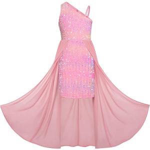 GRACE KARIN Girls Sequin Dress One Sleeve Formal Pageant Prom Party Special Occasion Dresses Size 5-14 (12-14 Years, Candy Pink)