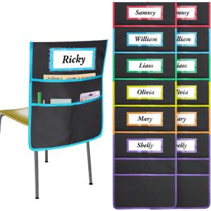 12 Pack Black Chair Pockets for Classrooms, Chair Pocket with 3 Heavy Duty Storage Pocket, Chair Back Buddy Pocket with Name Tag Slot, Ideal Back to School Supplies, Classroom Must Haves (Multicolor)