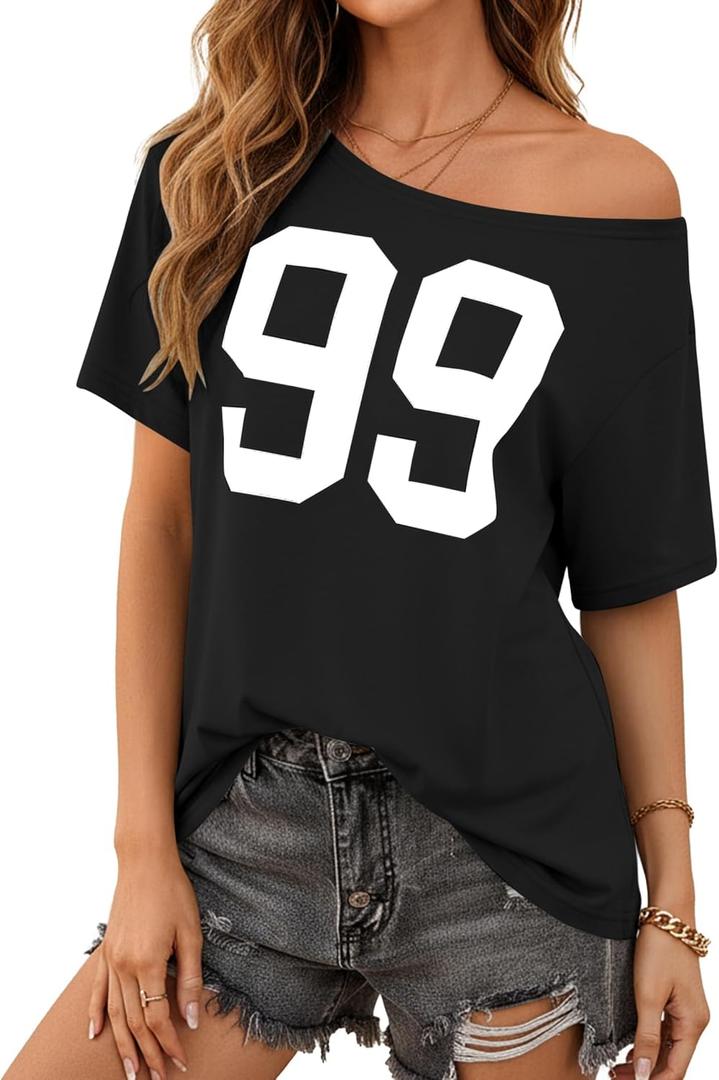 LilyCoco Womens Off The Shoulder Graphic Tees Casual Short Sleeve Asymmetrical Top Black X-Large