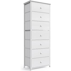 Mifuro Tall Fabric Dresser for Bedroom, Vertical Storage Organizer Tower with 7 Drawers, Chest of Drawers with Bins, Steel Frame, Wood Top for Bedroom, Closet, Entryway White