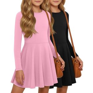 LessonZoo 2 Pack Girls Long Sleeve Dress Skater Twirl a Line Crewneck Casual Fall Dresses for Kids (Black, Light Pink, 11-12 Years)