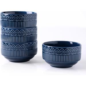AmorArc Ceramic Small Bowls Set of 4, 16oz Stackable Bowls Set for Icecream Soup Snacks, Dishwasher&Microwace Safe Stylish Bowls with Embossed Patterns, Navy Blue