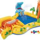 Intex Inflatable Dinosaur Play Center Outdoor Playhouse Inflatable Water Park with Kid Pool Slide, Water Sprayer, Waterfall, and 6 Balls, Multicolor