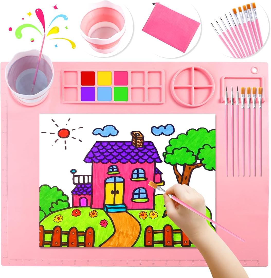 DIYDEC Silicone Craft Mat with Detachable Cup 20X16 Inch Large Silicone Painting Mat for Kids Art Supplies with 10 Painting Brushes Drawing Sheets for Adult DIY Accessories