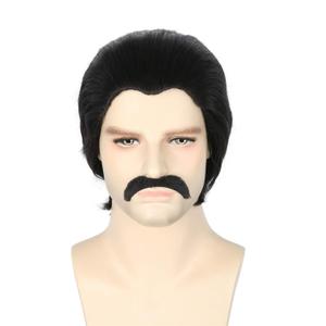 Topcosplay Men Wigs Black Short Cosplay Halloween Costume Party Slicked-back Wig with Mustache