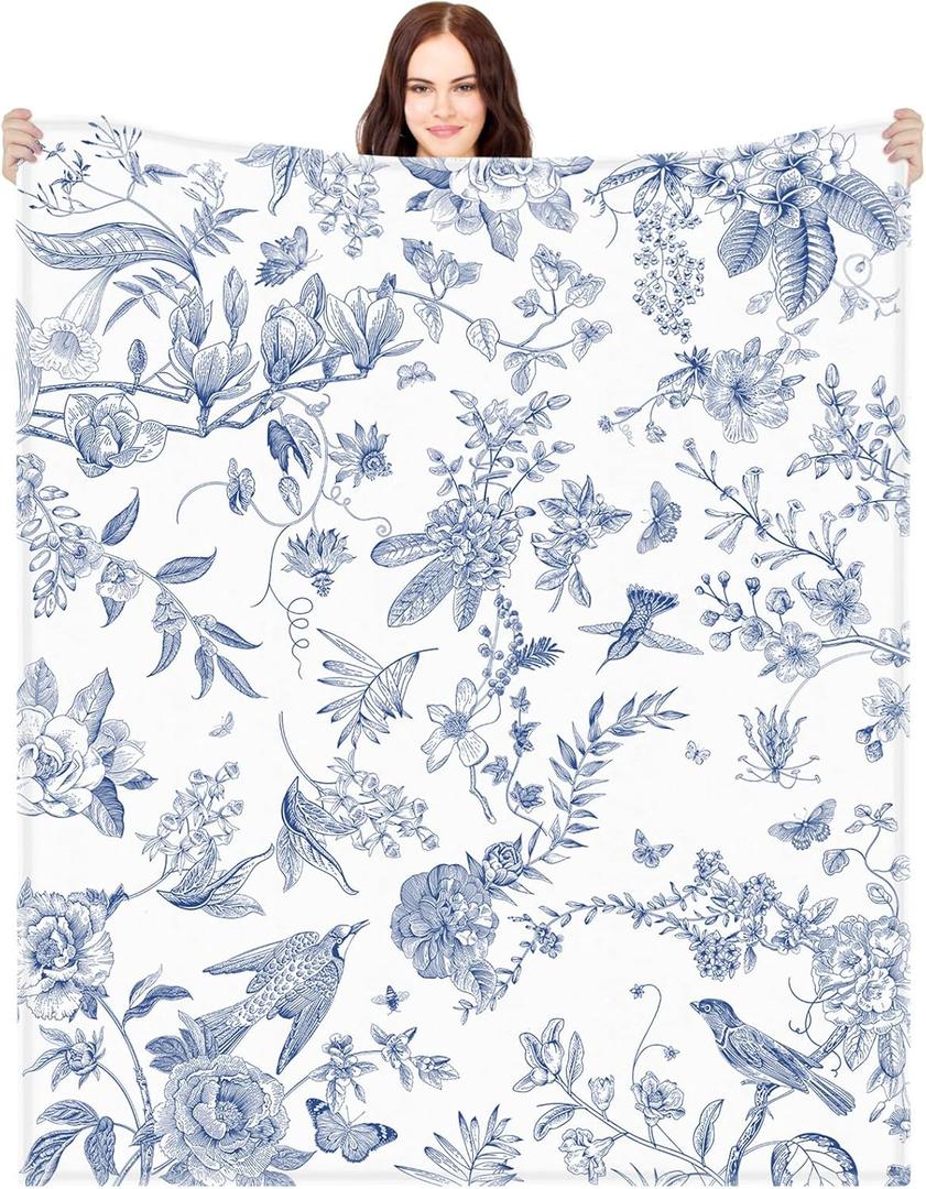 Blue White Flower Blanket Butterfly Soft Throw Blanket Country French 60"x50" Blanket Washable for Spring Summer Fall Party