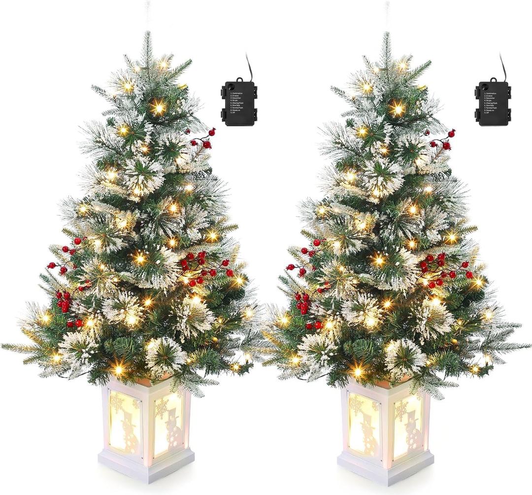 3 Ft Frosty Lighted Artificial Christmas Tree, Pre-Lit Mini Christmas Tree with 78 Dual-Color LED Lights, 8 Lighting Modes Tabletop Small Xmas Tree, Snowman Base for Home Office Party Holiday Decor,2p