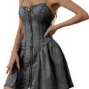 loveimgs Women Sexy Spaghetti Strap Denim Mini Dress Pleated Corset Jean Dress Ruffle Zip Up Flowy Swing A Line Dress