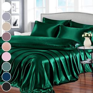 Homiest 7pcs Satin California King Size Bed Set, Blackish Green Luxury Satin Bedding, 1 Deep Pocket Fitted Sheet, 1 Flat Sheet, 4 Pillowcases, 1 Body Pillowcase