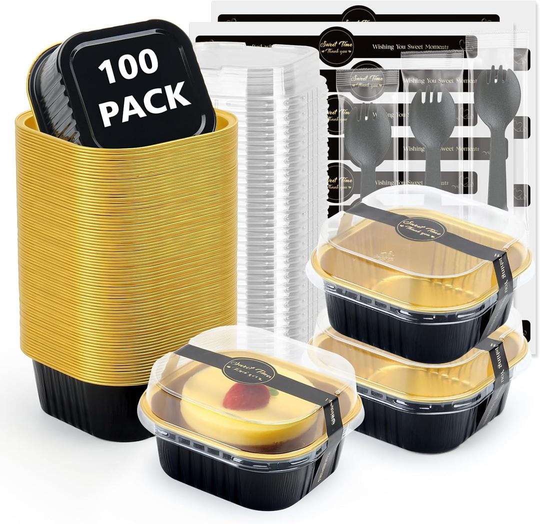 Ruckae 5oz 100 Pcs Square Mini Loaf Pans with Lids-Disposable Foil Dessert Containers,Mini Cake Pans with Lids,Aluminum Dessert Cups for Parties and Weddings (Black Gold, 5oz)
