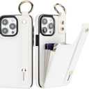 Folosu for iPhone 15 Pro Max Wallet Case with Card Holder, Hand Wrist Strap Loop Holder Kickstand, RFID Blocking Finger Grip Ring PU Leather Double Buttons Shockproof Cover 6.7" White