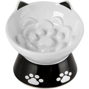 Ceramic Slow Feeder Cat Bowl,Non-Slip Silicone Ring Bottom for Better Feeding,Elevated Dog Slow and Elevated Cat Food Bowl Anti Vomiting for Dry and Wet Food (White)