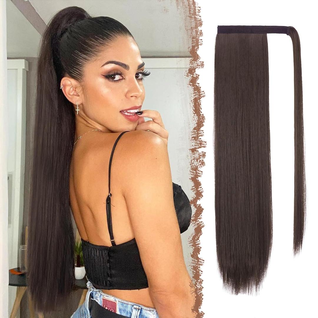 FESHFEN Ponytail Extensions - 24 Inch Long Straight Brown Wrap Around Synthetic Ponytails Hair Piece Pony Tail Hair Extensions Hairpieces for Women