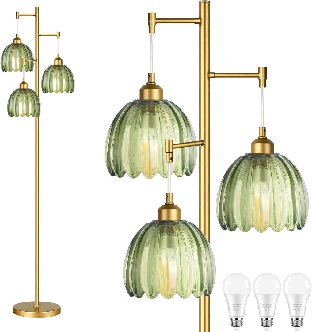 Gold Floor Lamp for Living Room,Bedroom,Mid Century Modern Standing Lamp Brass Tree 3 Light Tall Floor Lamps Vintage Retro Floor Lights Glass Green Flower Lamp Shade Farmhouse Boho Bohemian