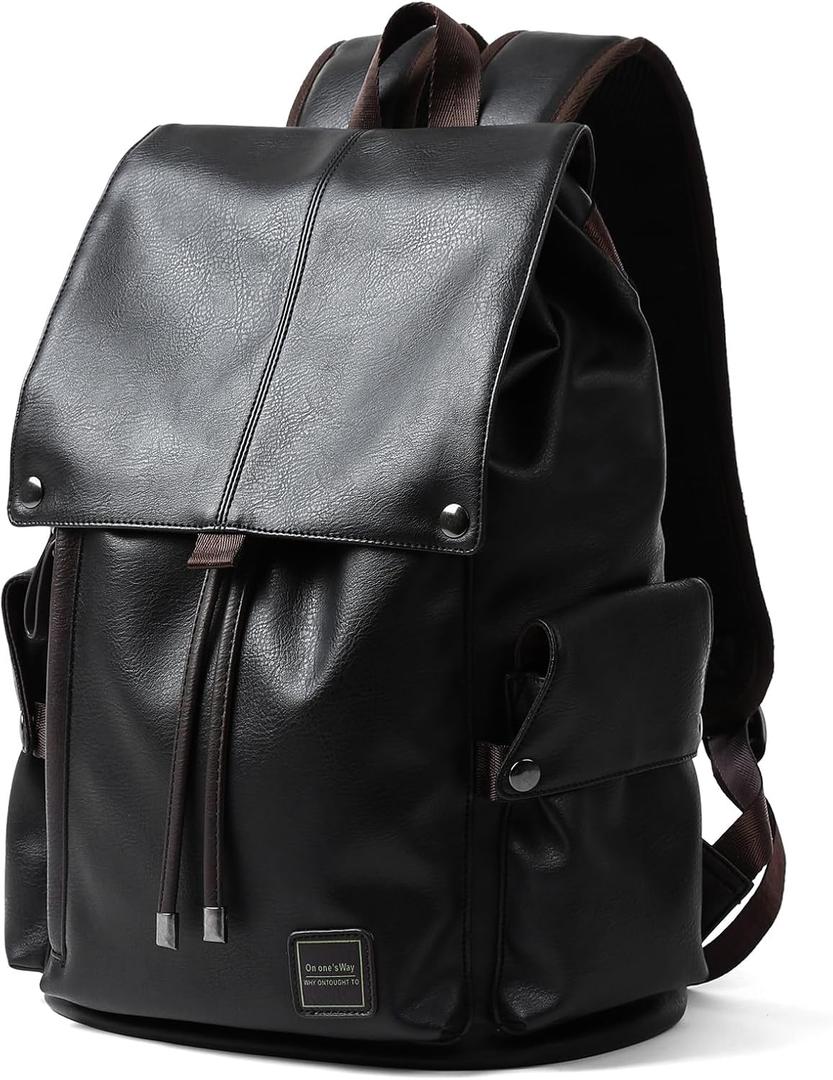 Leather Backpack for Men Fits 15.6" Laptop Vintage Backpacks Waterproof Drawstring Backpack for Travel Daily Work Black
