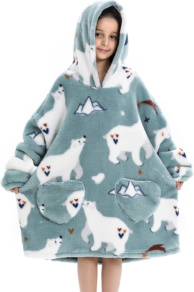 Zando Blanket Hoodie Wearable Blanket Kids Toddler Oversized Comfy Sweater Warm Sherpa Fleece for Girls Boys Gift, 6-10