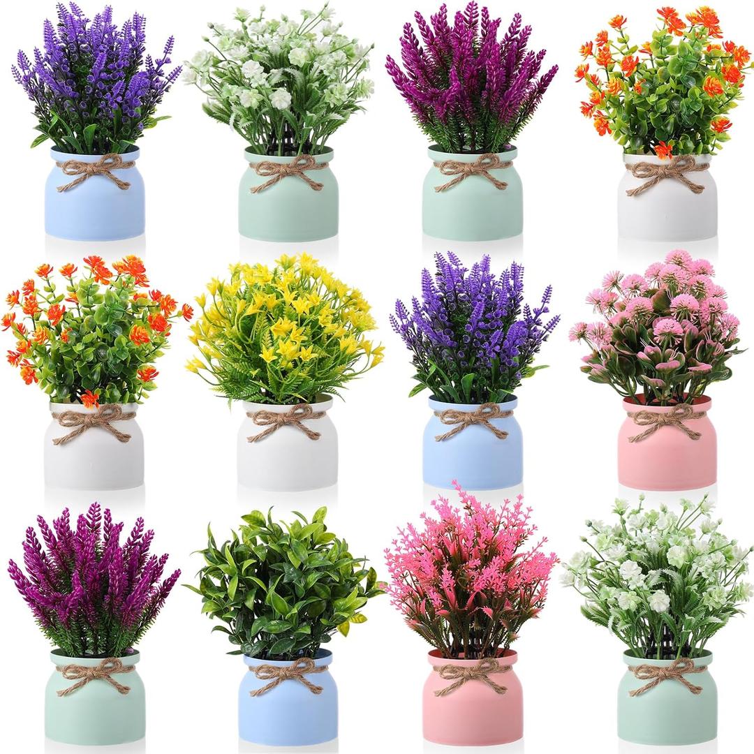 12 Pcs Artificial Potted Flowers Fake Potted Plants Plastic Faux Flowers for Home Decor Indoor Small Artificial Plants in Pots for Wedding Home Desk Tabletop Outdoor Office Kitchen