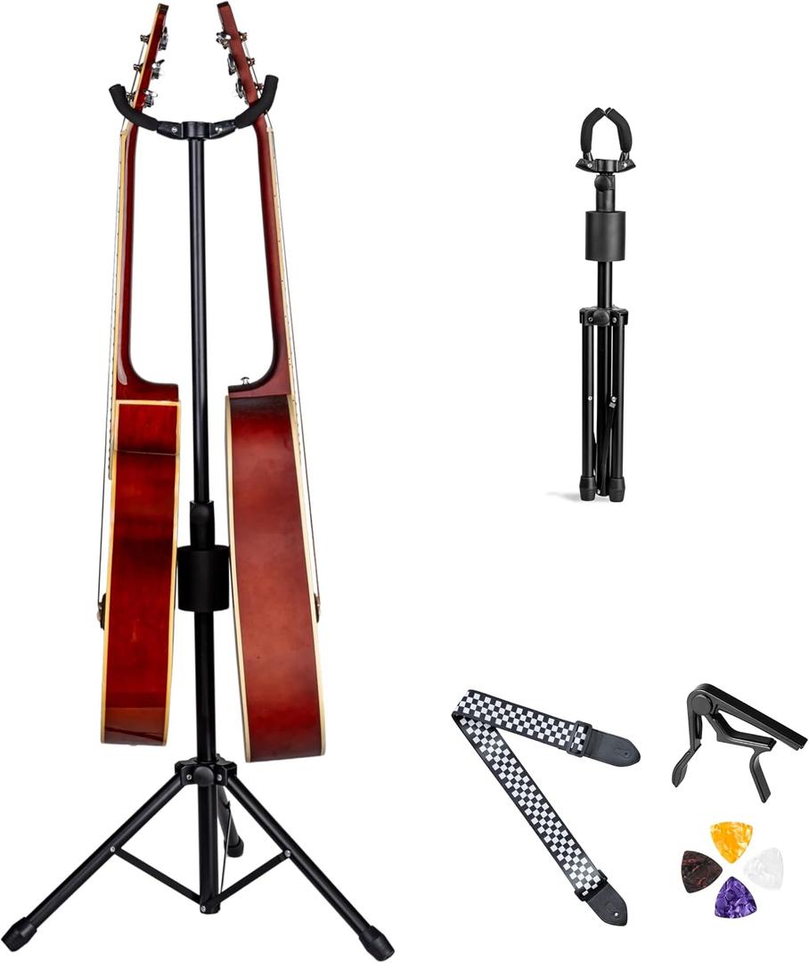 Double Guitar Stand, Portable Tripod Adjustable 2 Guitar Stand Floor for Acoustic, Bass & Electric. Dual Folding Stand for Banjo with Strap & Picks, Adjusts from 24.8" to 43.3"