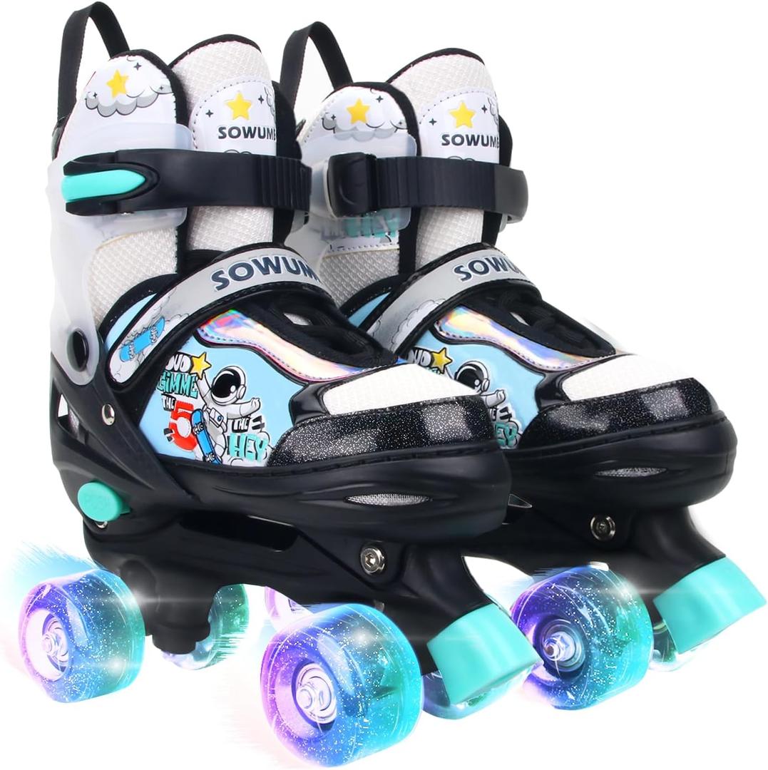 Sowume Adjustable Roller Skates for Girls and Women, All 8 Wheels of Girl's Skates Shine, Safe and Fun Illuminating for Kids (Large-(3-6 US), E-Green)
