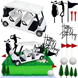 2026 New Golf Cake Decorations Double-row Golf Cart Cake Toppers Heading for The White Cake Topper for Golfers with Cart Flag White Ball for Theme Party Supplies