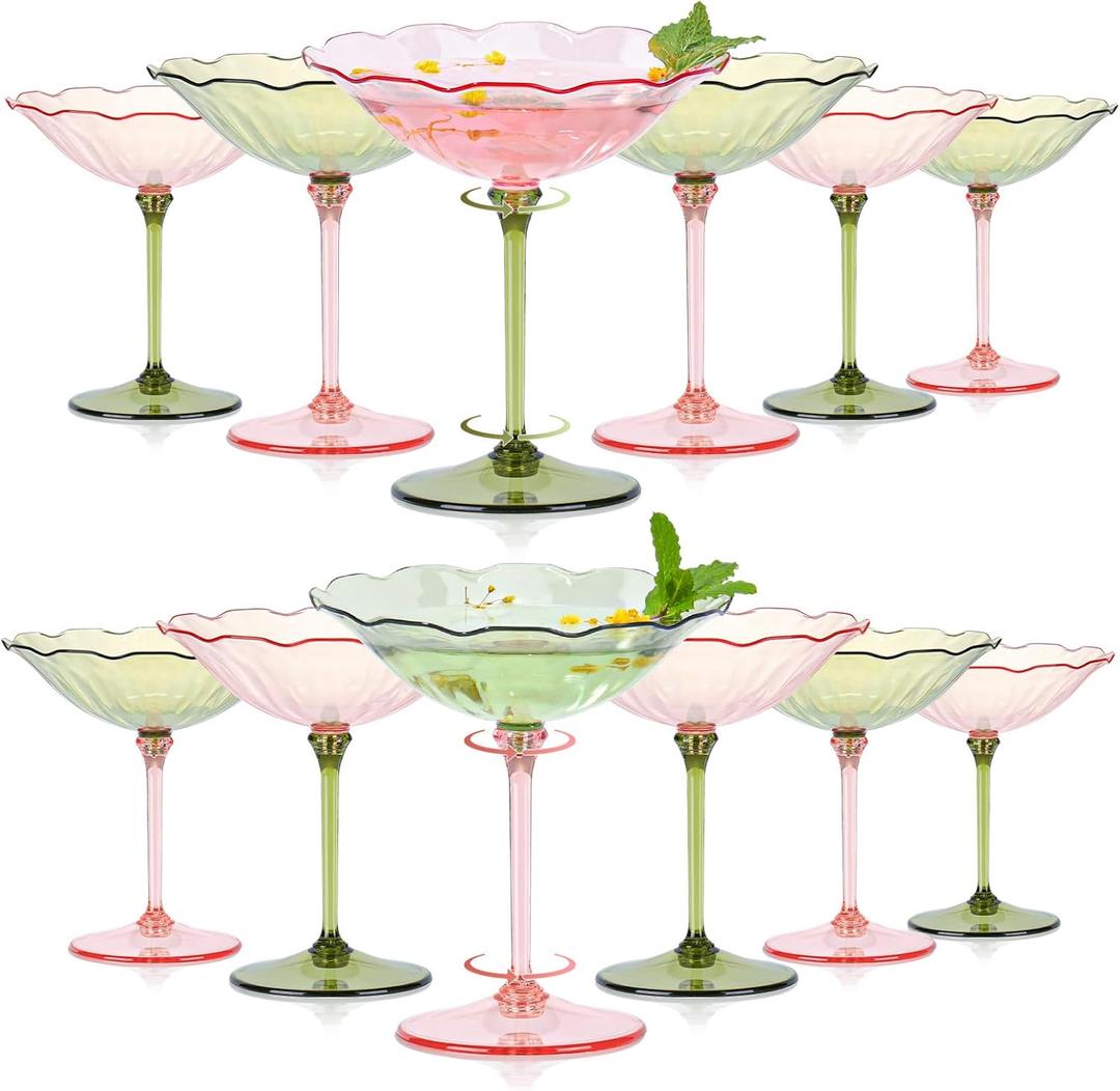 12 Pcs Plastic Martini Glasses 7oz Flower Disposable Cocktail Coupe Glasses Pink and Green Martini Cup Vintage Detachable Dessert Parfait Glassware for Wedding Birthday Bachelorette Party
