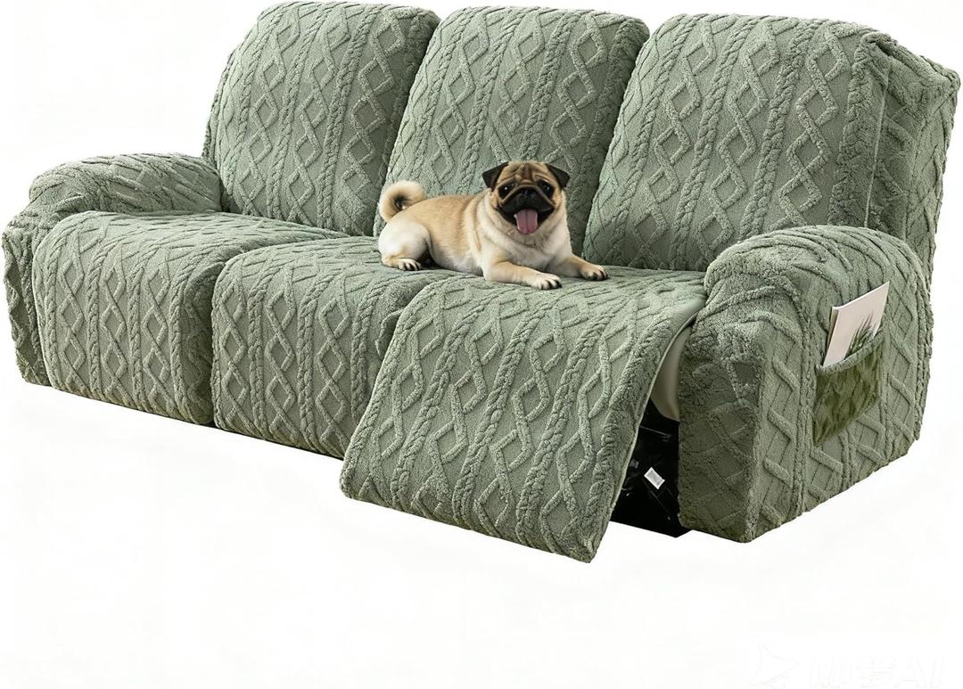 JOKIVTOU Recliner Sofa Covers 8-Pieces Reclining Couch Slipcovers 3 Seater Stretch Recliner Furniture Protector with Elastic Bottom& Pocket, Soft Fitted Washable Stay in Place (Green)