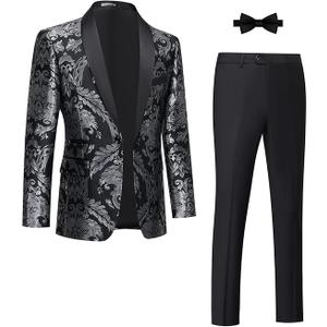 Tuxedo Suits for Men 2 Piece Regular Fit Suit Floral Blazer Jacket Waistcoat Pants Men Suit Set for Wedding Prom, Size XL