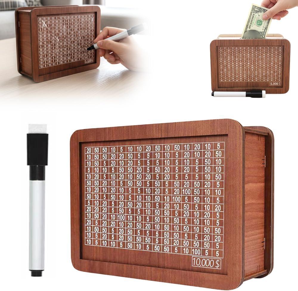 Cash Vault Wooden Savings Box, Upgrade Savings Challenge Box Wooden Cash Saving Box, Piggy Bank Wooden Cash Saver Money Box with Counter, Portable Cash Coin Retro Money Box (10000)
