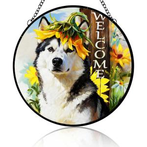Stained Glass Suncatcher Dog Husky Welcome Sign Handmade Window Hangings Colored Glass Suncatcher Crafts Kits for Home Decor Gift for Pet Lover Memorial Wife Friend Family 6.3in