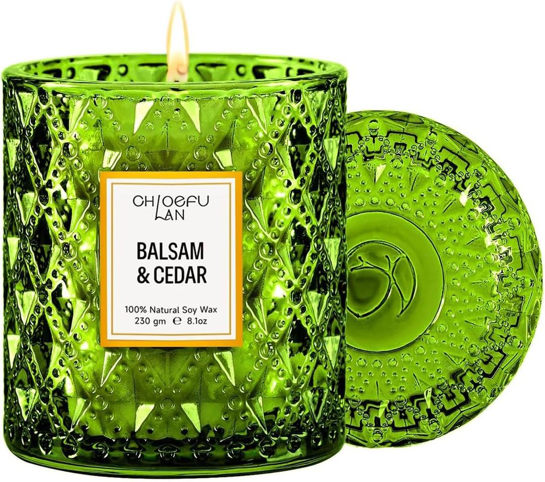 Chloefu LAN Balsam & Cedar Scented Candle Christmas Candles Gift, Christmas Festival Gifts, Large Luxury Scented Soy Jar Candles with up to 55 Hour Long Lasting, Highly Scented, 8.1oz