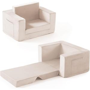 Kids Couch, 2-in-1 Toddler Chair Comfy 1-3 Years, Convertible Kids Chair, Toddler Couch That Fold Out, Kid Lounge Chairs for Boys and Girls, Soft Coral Fleece, Beige