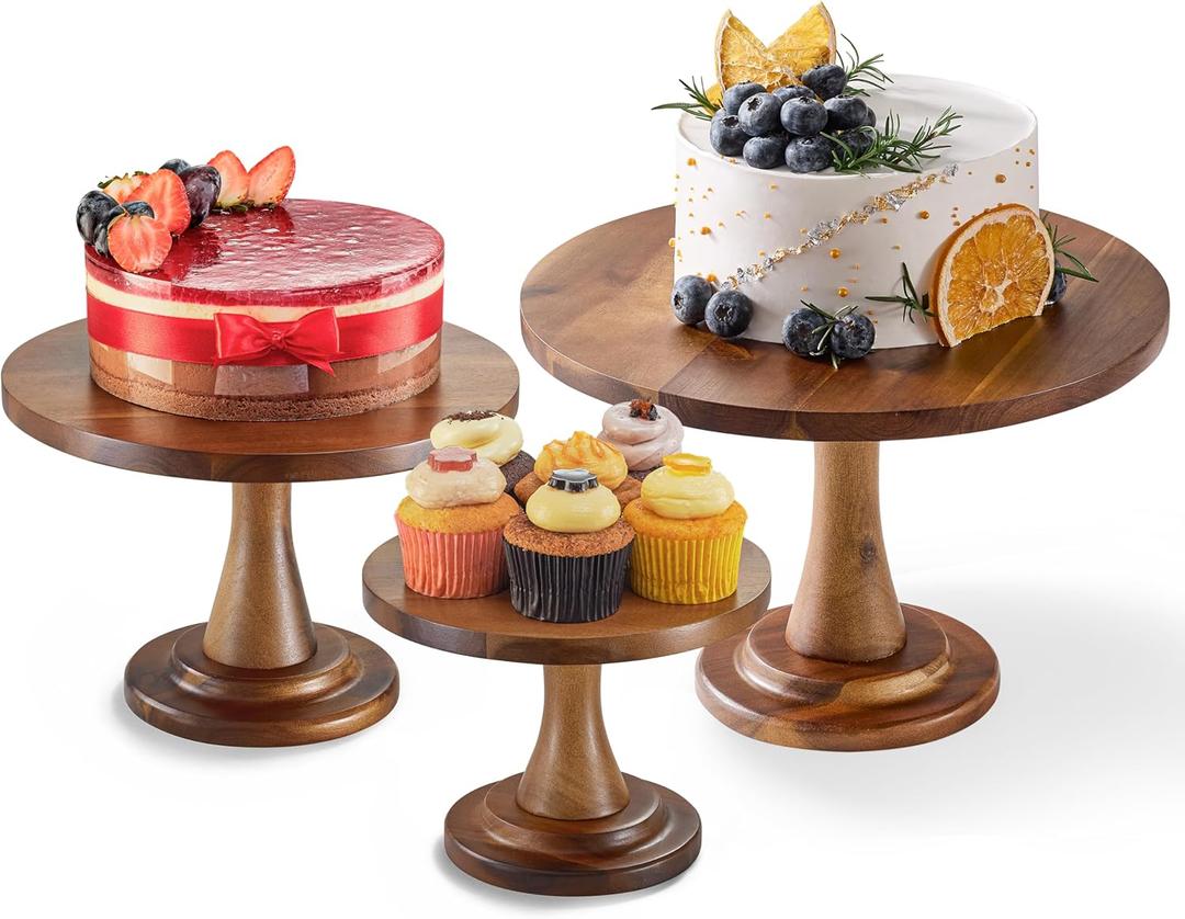 Set of 3 Acacia Wood Cake Stand Set  Wooden Rustic Farmhouse Cupcake Stand - Wedding and Birthday Decorating Cake Pedestal Stand - Dessert Display Serving Use at Parties, Restaurants, Birthday (small, medium, and large)