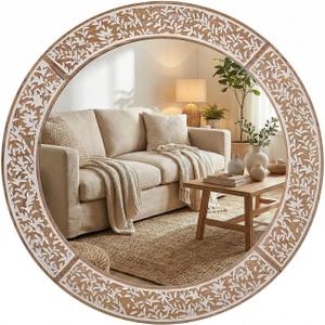 24 Inch Farmhouse Round Wall Mirror, Rustic Wooden Frame Circle Mirrors, Decorative Distressed Hanging Mirror for Bathroom Living Room Bedroom Entryway