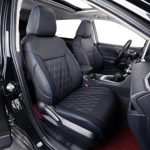 EKR Rav4 Seat Covers Custom Fit for Toyota Rav4(Gasoline) 2019 2020 2021 2022 2023 2024 2025 LE/XLE/XLE Premium/Limited,Leather Car Seat Cover Full Set for SUV,Faux Leather(Black with Blue Piping)
