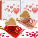Shellwei 2 Sets Valentine's Day Heart Ceramic Coffee Mug with Spoons and Saucers 5.1 oz Heart Shaped Tea Cup Red Pink Ceramic Coffee Cup Valentine's Day Gifts for Couple Lovers Wedding